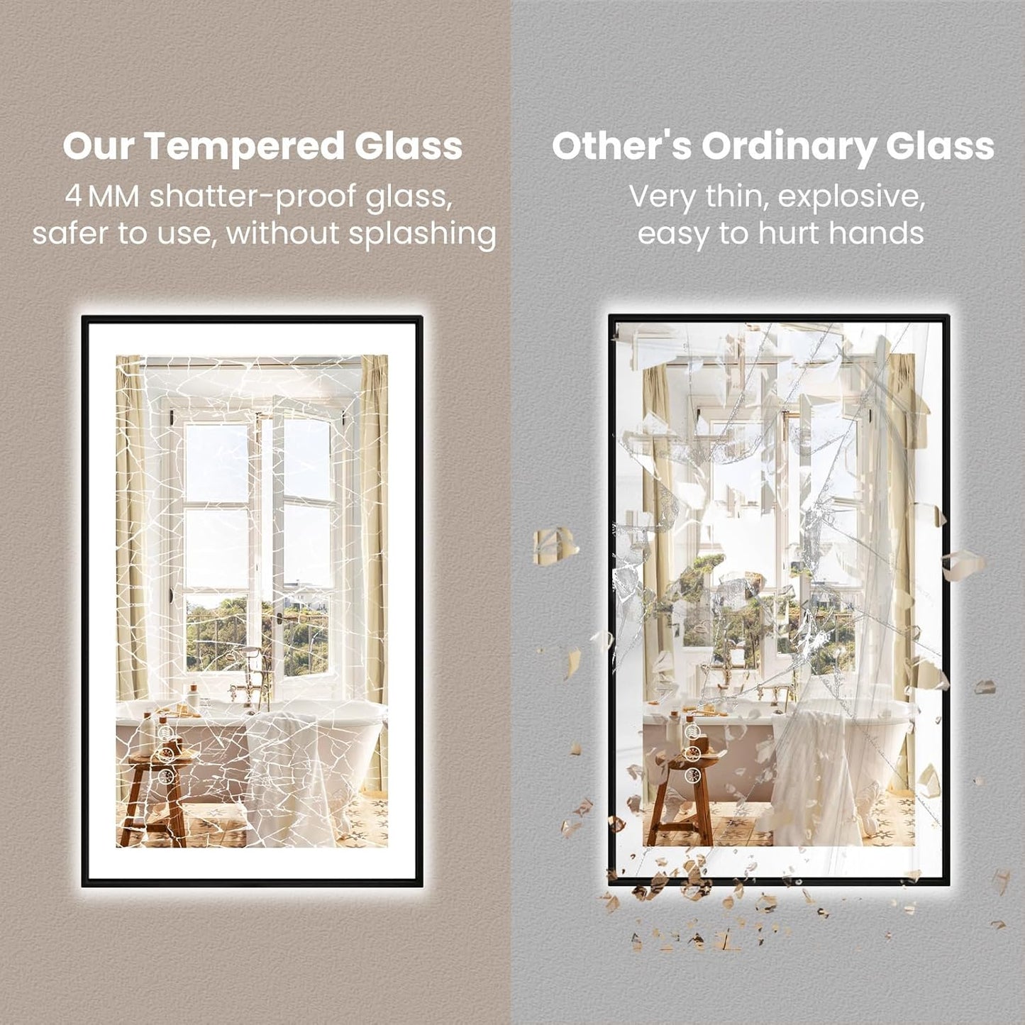 Amorho 72"x 36" LED Bathroom Mirror with Black Frame, Front Light and Backlit(Controlled Separately), Stepless Dimmable, Anti-Fog, Shatter-Proof, 3 Colors, Memory