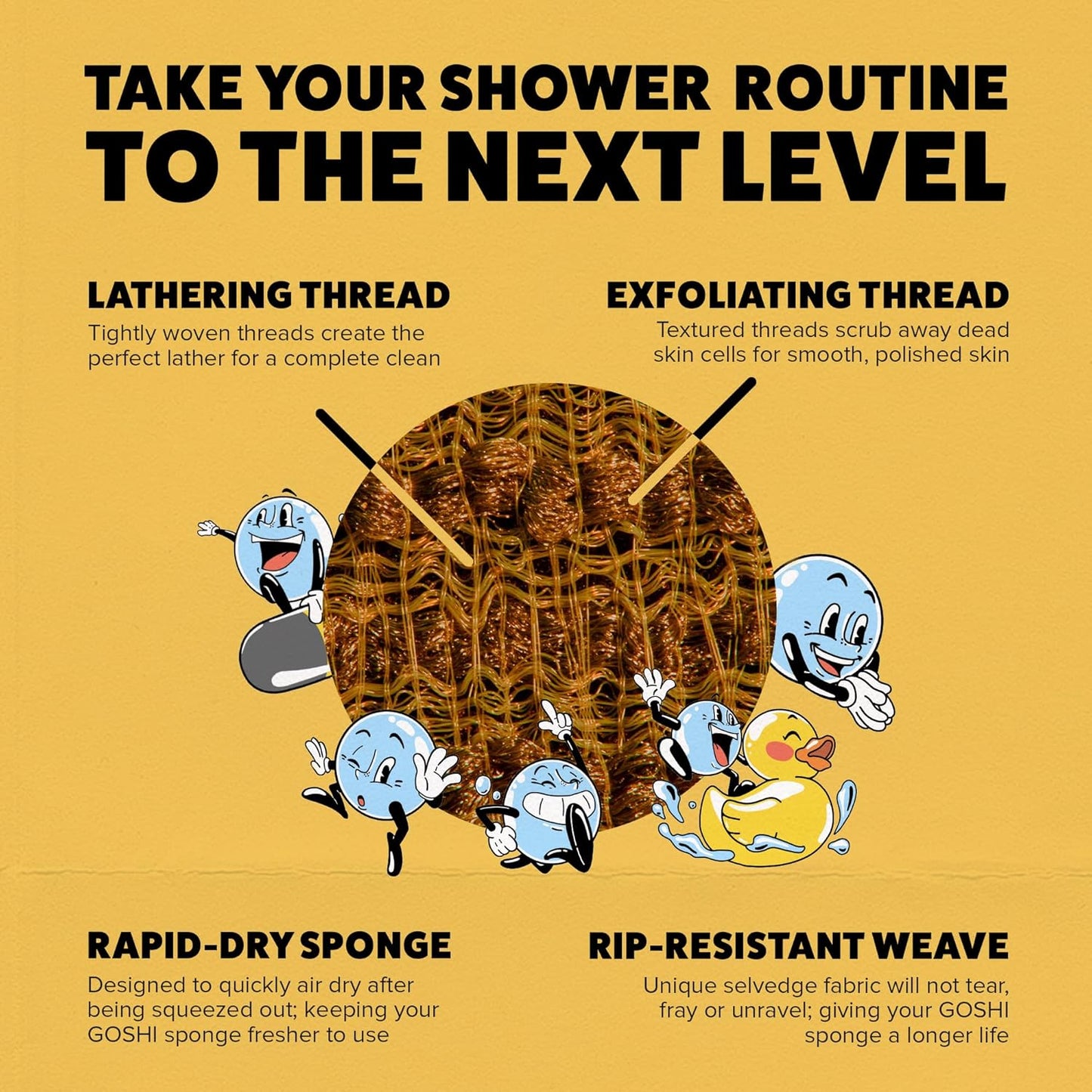 GOSHI Exfoliating Shower Sponge - Rip-Resistant, Rapid-Drying Exfoliating Bath Sponge for All Skin Types - Marigold Yellow - Made in Japan