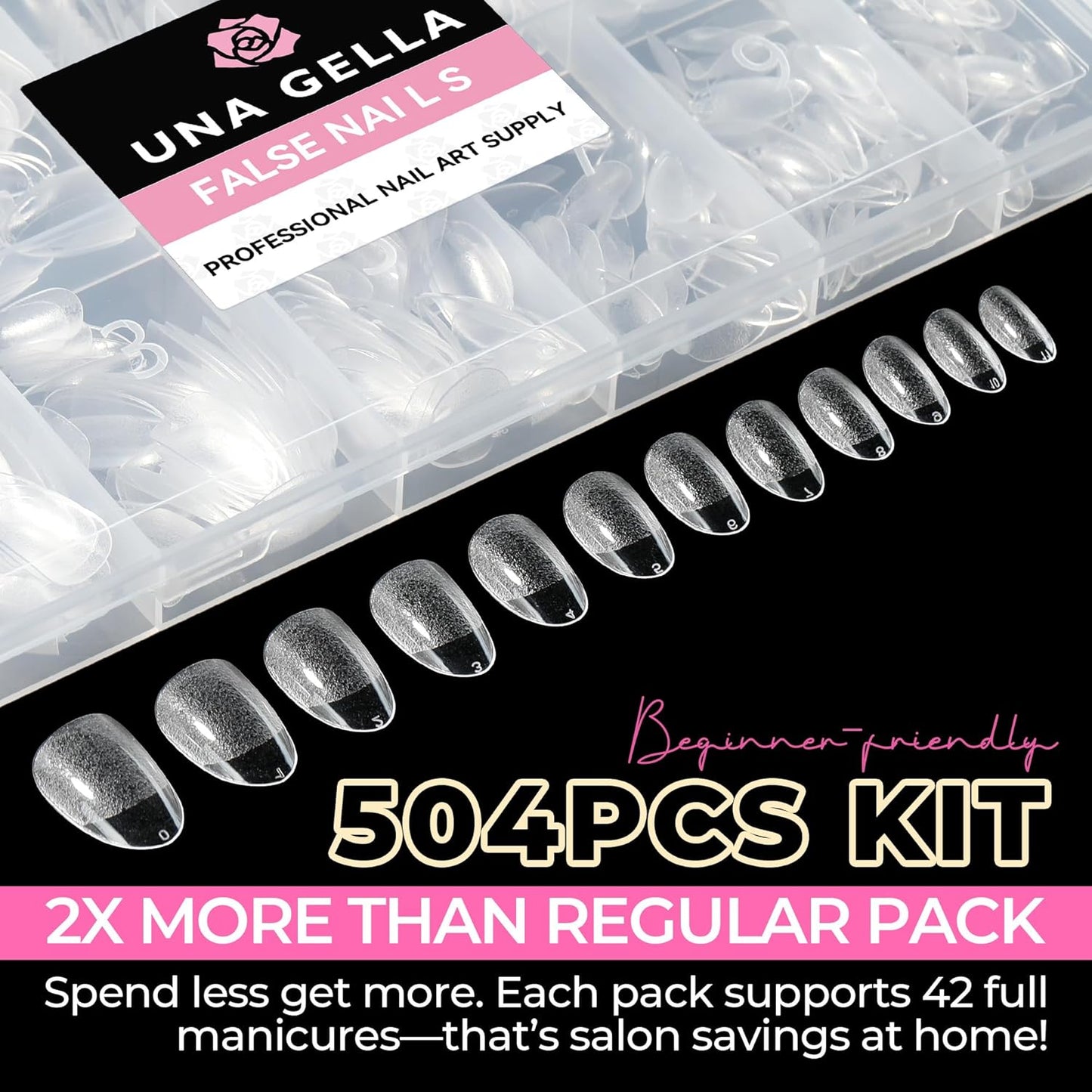 UNA GELLA Short Oval Almond Fake Nails 504pcs Press on Nails Pre-shape Short Almond Round Gel Nail Tips for Full Cover Acrylic False Nails For Nail Extension Home DIY Salon 12 Sizes False Gelly Tips