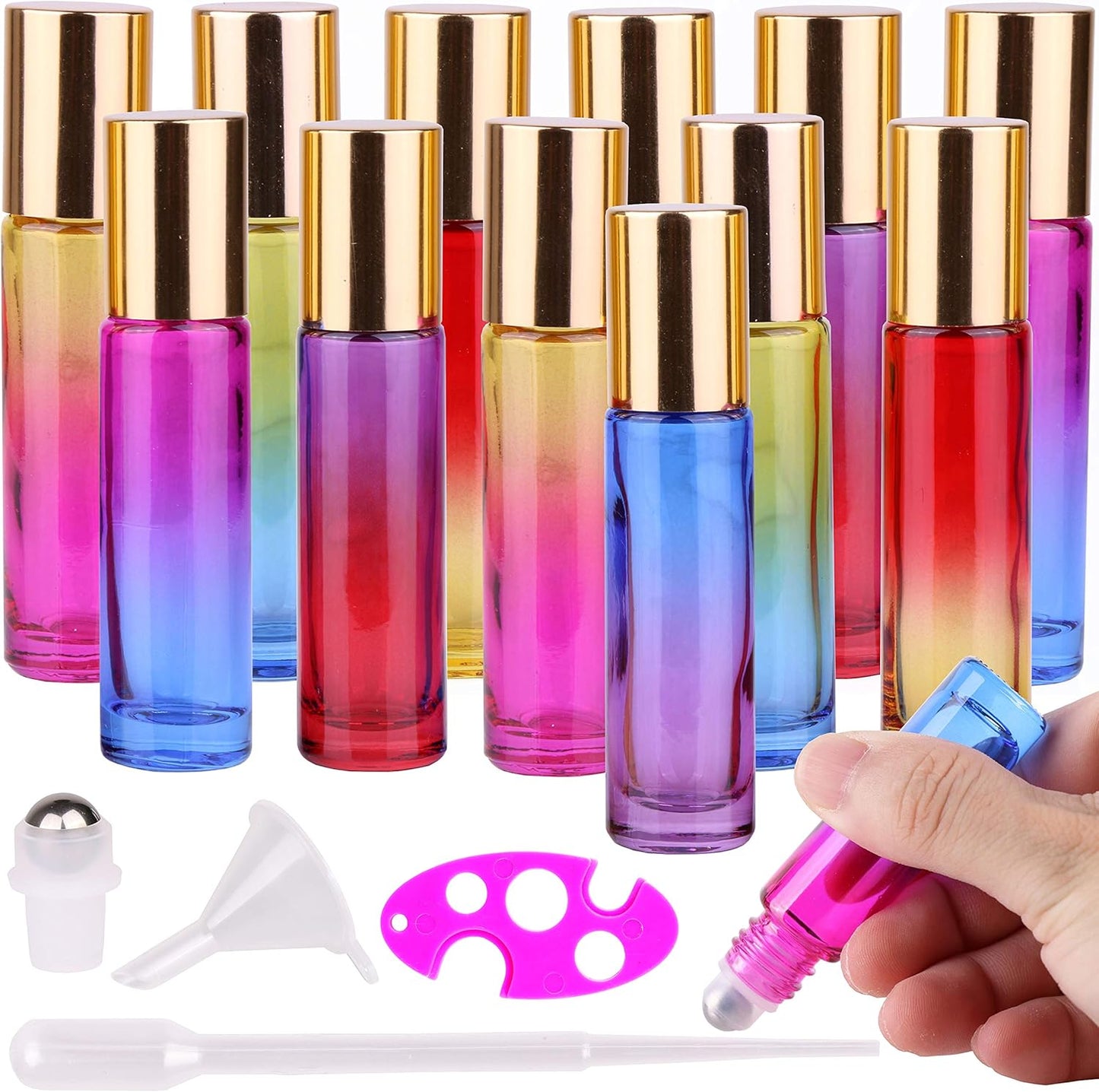 inice 12 Pack,Roller Bottles Gradient Color Glass Bottle for Essential Oils Applicator,10ml Roll on Bottle with Golden Metal Cap for Daily Care